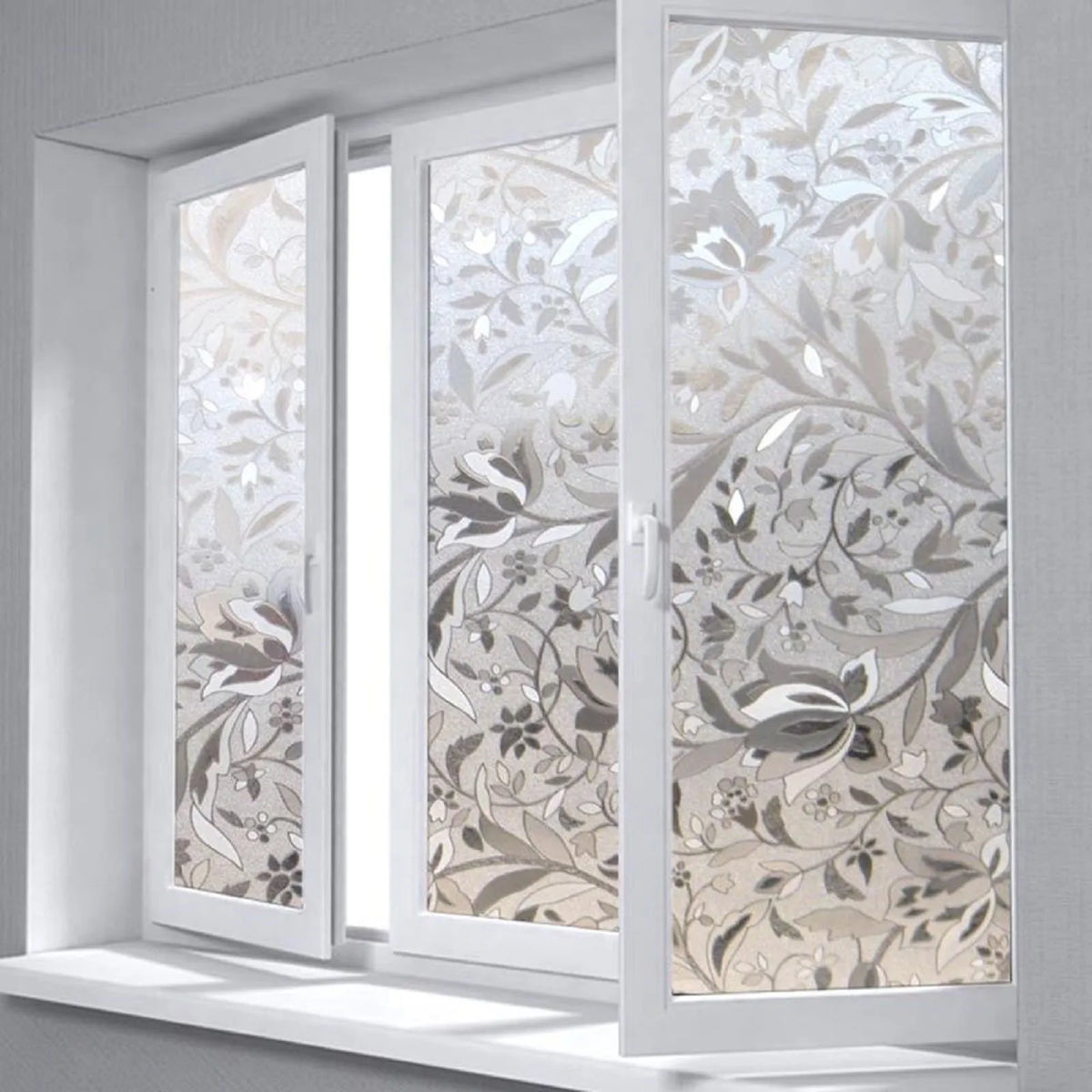 film fenêtre décoratif fleurs stylisées moderne adhésif beige gris blanc opacité