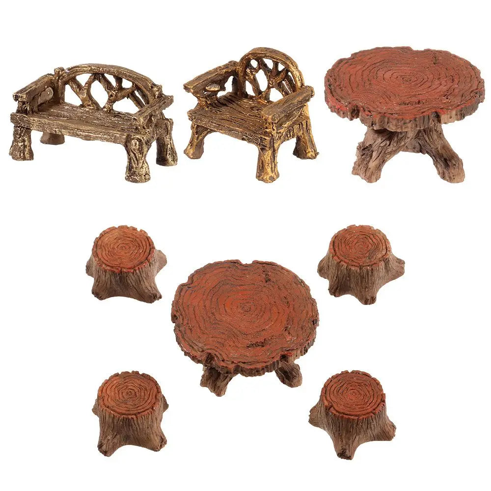 meubles jardin miniature banc fauteuil table tronc arbre champignons clôture rouge marron rustique féerique