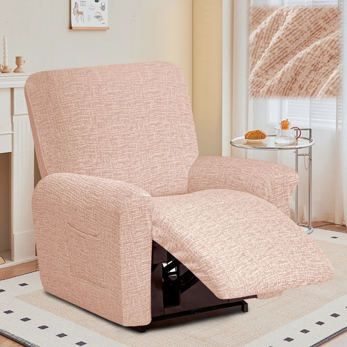 housse fauteuil inclinable beige clair tissu petits points noirs protection siège salon moderne extensible