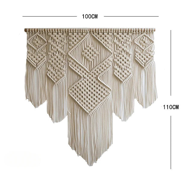 tapisserie macramé géométrique franges bohème décoration murale øllets beige clair
