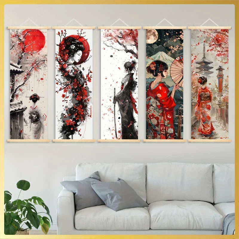 toile d'art japonaise contemporaine peinture abstraite fleurs cerisier cadre bois suspendue chambre salon