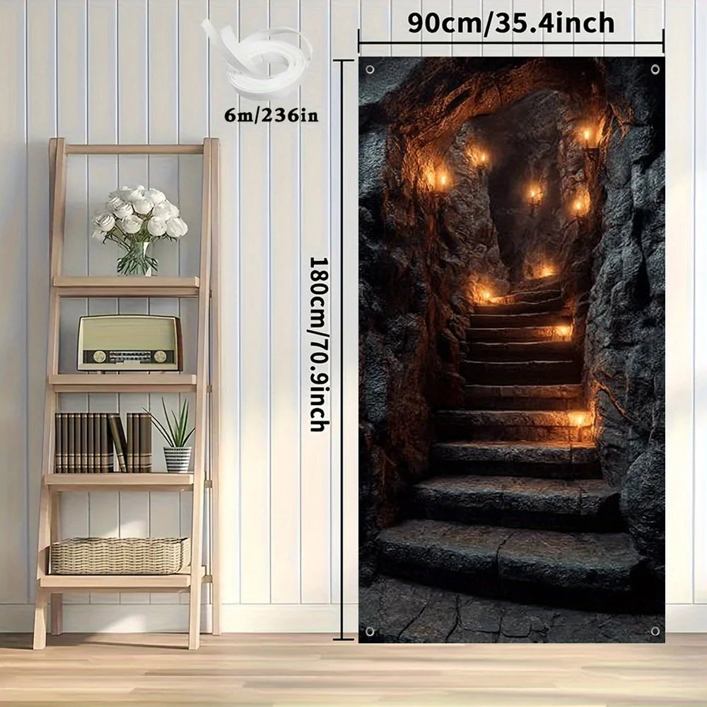 bannière décorative escalier grotte torches noir marron occasion anniversaire noel fantaisie opacité totale porte
