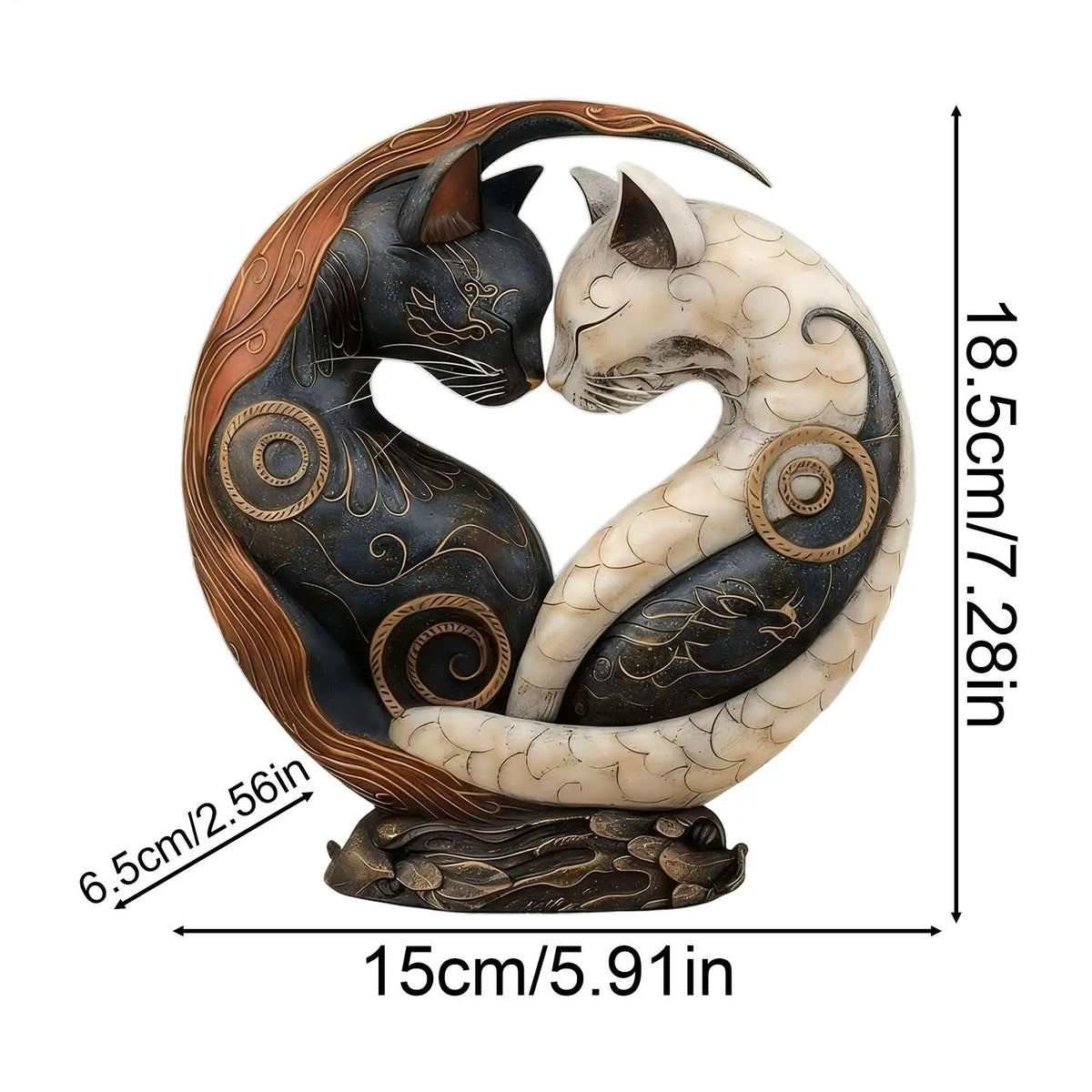 statue chats enlacés résine noire blanche motifs floraux décorative yin yang maison adulte