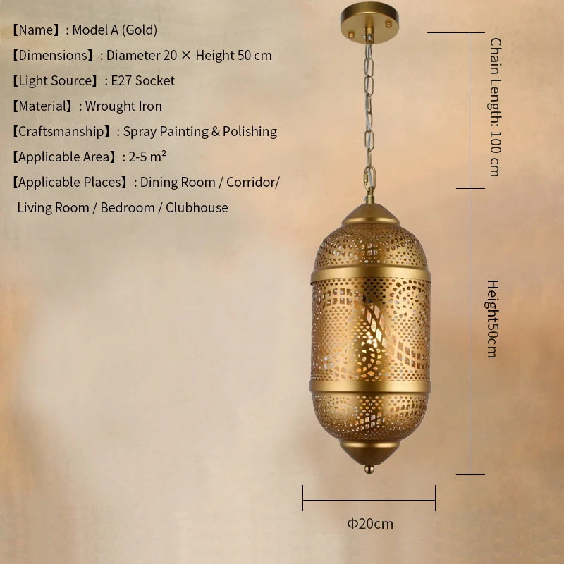 lampe suspendue dorée artisanale perforations géométriques art déco chambre salon