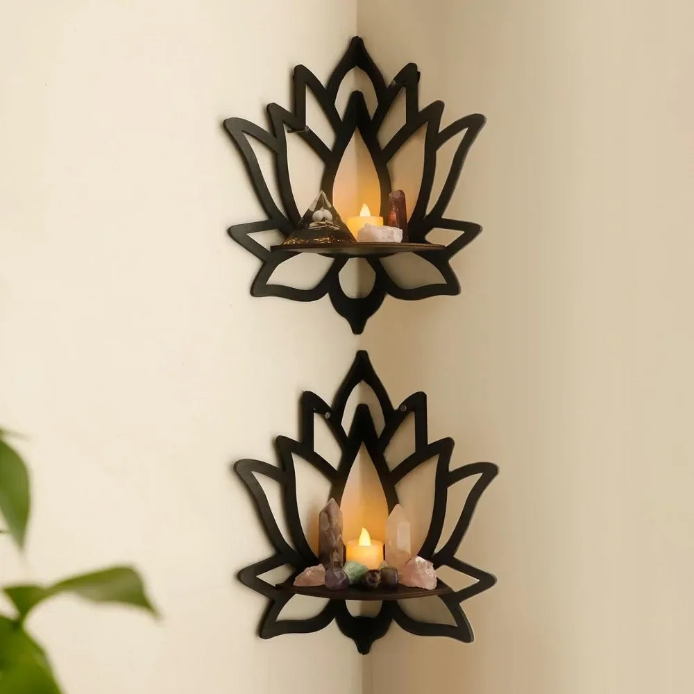 étagère murale décorative lotus bois noir bohème spirituel fixations murales découpes texturées