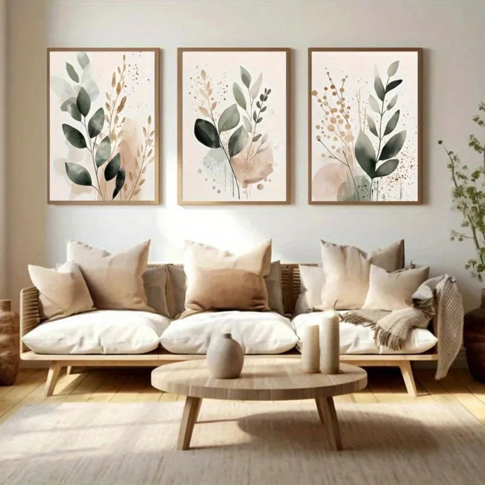 tableaux abstraits bohèmes feuilles vertes moderne minimaliste sans cadre vert beige marron doré blanc