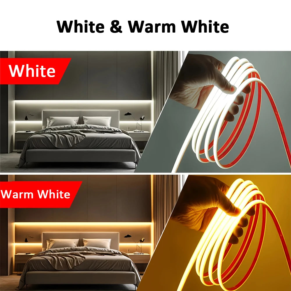ruban led flexible cob 220v autocollant blanc chaud salon cuisine chambre moderne