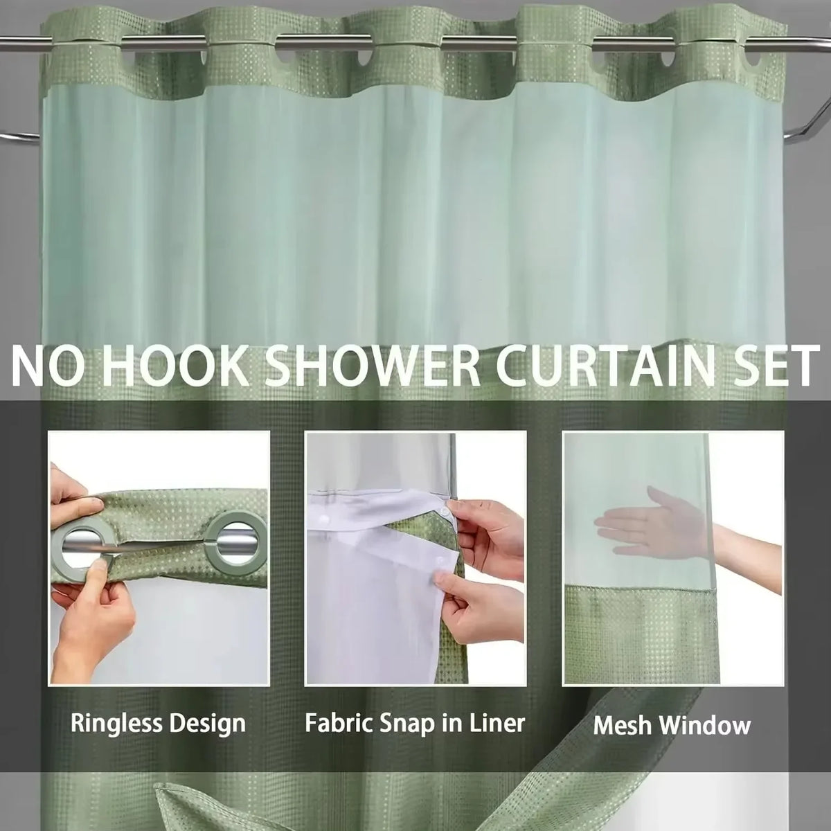 rideau douche moderne gris vert blanc tissé points transparent waterproof anneaux 72x74inch