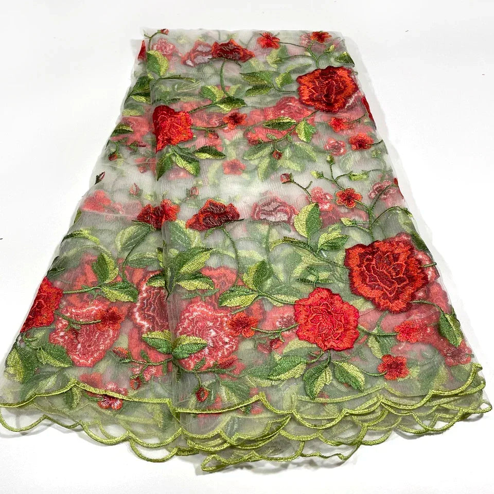 tissu africain dentelle verte brodée floral transparent élégant robe haute qualité yards