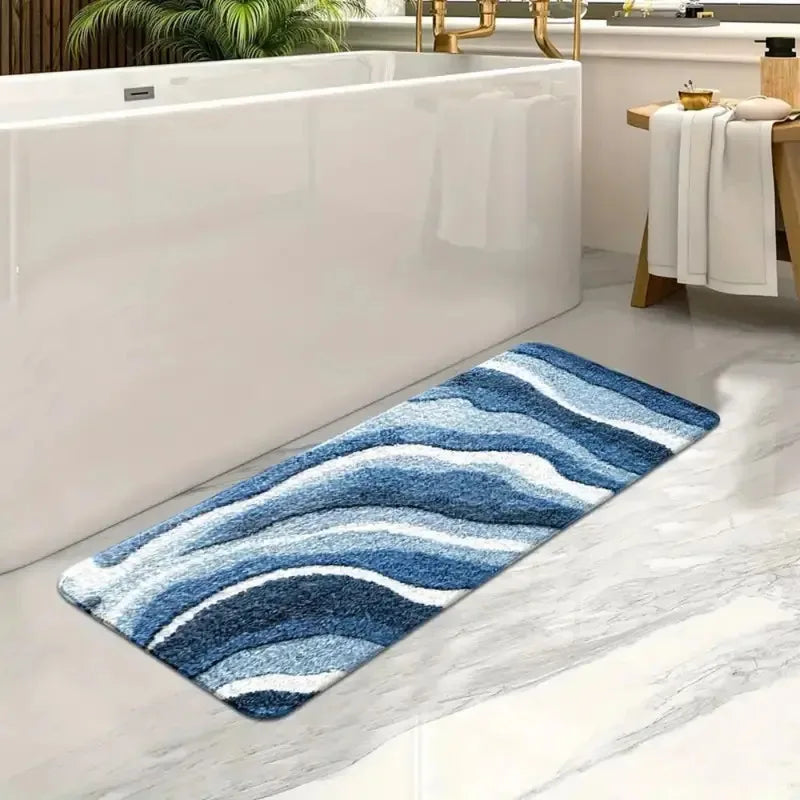 tapis bain bleu ondulé moderne antidérapant polyester 40x60cm lavable machine