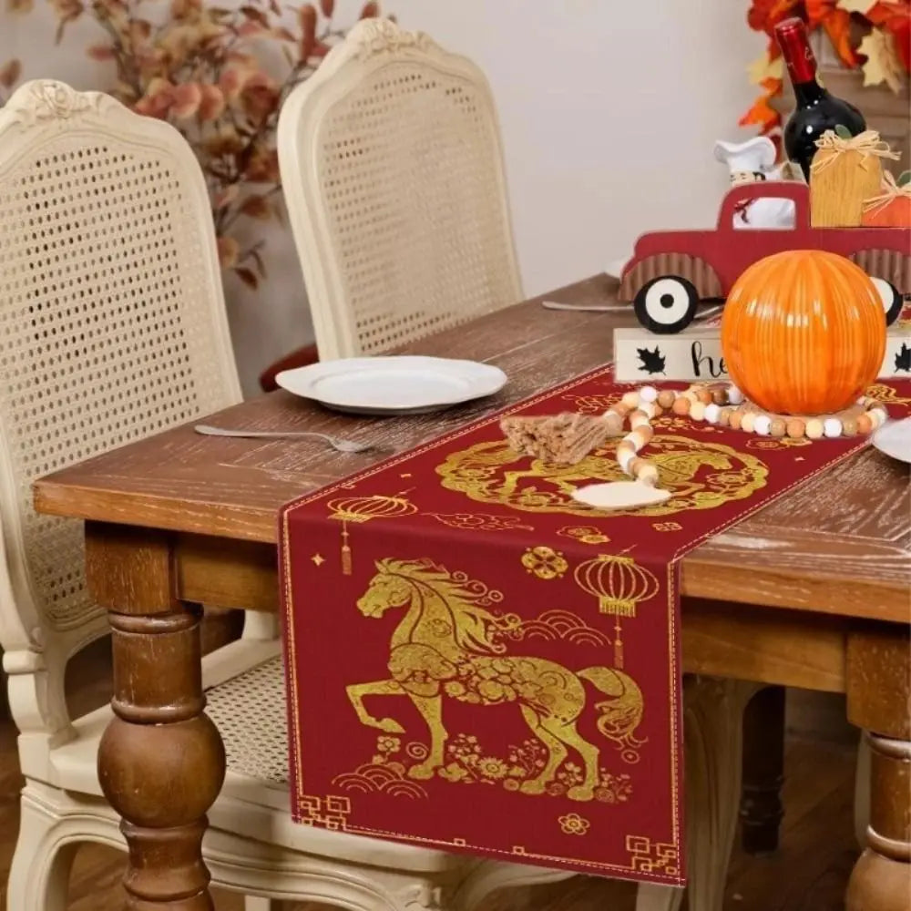 table cuisine rouge dorée motif chinois chevaux fleurs nouvelle année festive