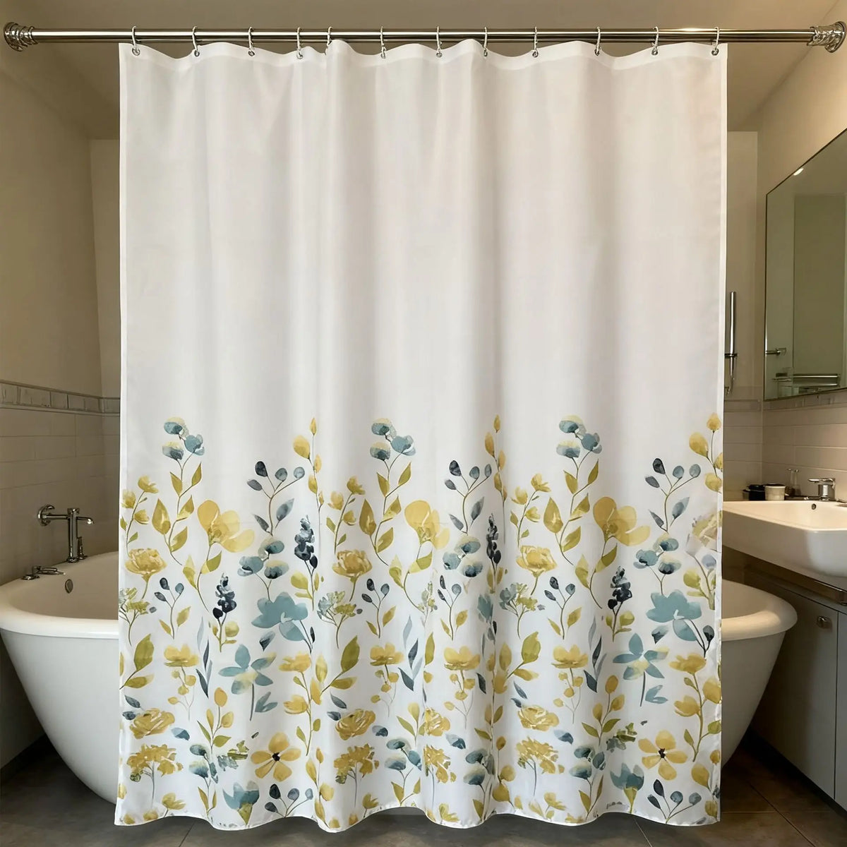 rideau douche polyester blanc fleur géométrique moderne anneaux