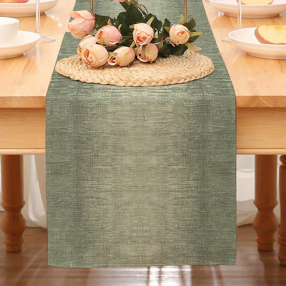 chaise table verte texturée moderne rustique fleurs vaisselle décoration intérieure nappe longue lin chambre