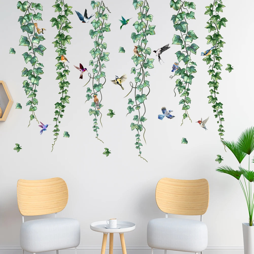 stickers muraux oiseaux lierre aquarelle naturels chambre enfants decoration murale adhésifs variés couleurs bleu