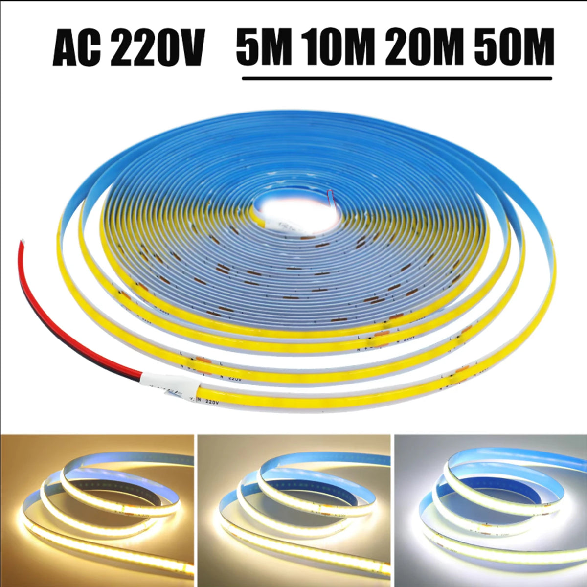ruban led cob 220v 240ledm 50000h bleu jaune blanc moderne flexible adhésif