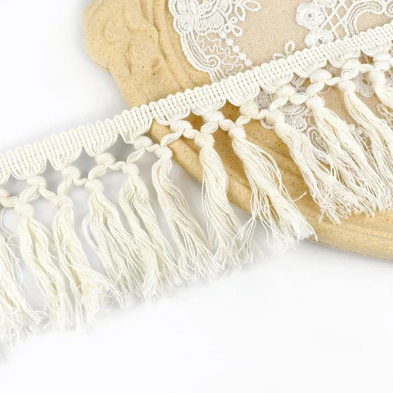 franges macramé blanc noir motifs géométriques boho artisanal 5mètres