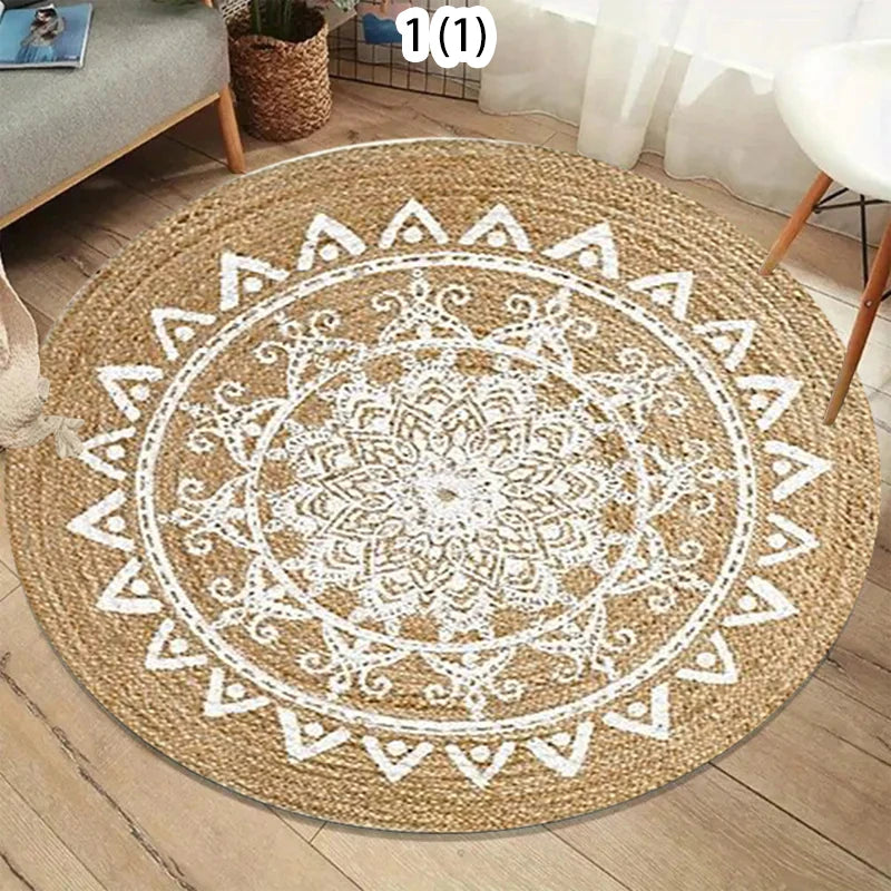 tapis rond boho géométrique floral naturel blanc moderne maison chambre extérieur 80x80cm