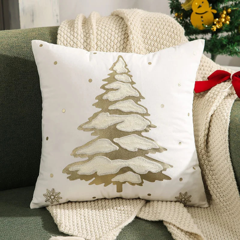 housses coussin noël arbre flocon doré blanc decoration maison car sofa 45x45cm handwash confort