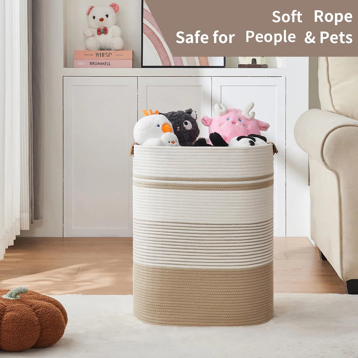 panier linge blanc rayures moderne poignées cuir tassel réutilisable polyester chambre salon