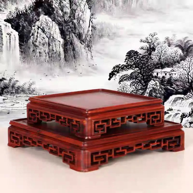 support bois rouge foncé motif ajouré classique décoration artisanale pot fleur thé