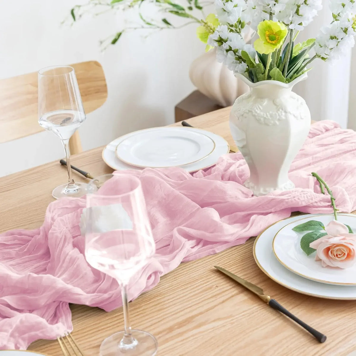 ruban table rose rayures horizontales moderne pompons fleurs séchées 90x180cm occasionnels événements