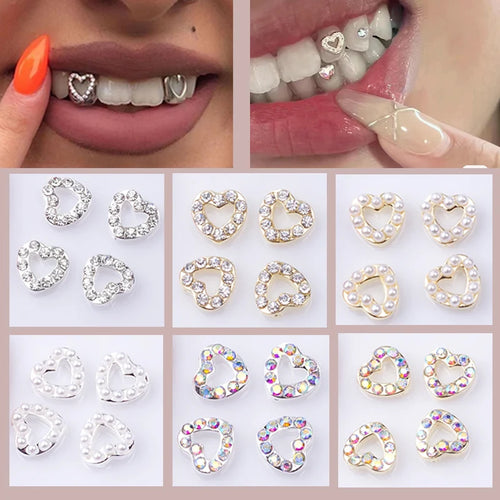 bijoux dentaires adhésifs strass coeurs argent doré rose blanc décoration buccale élégante moderne
