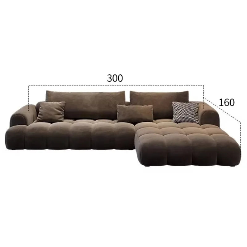 canapé moderne marron clair velours forme 300cm salon bois minimaliste coussins cœur