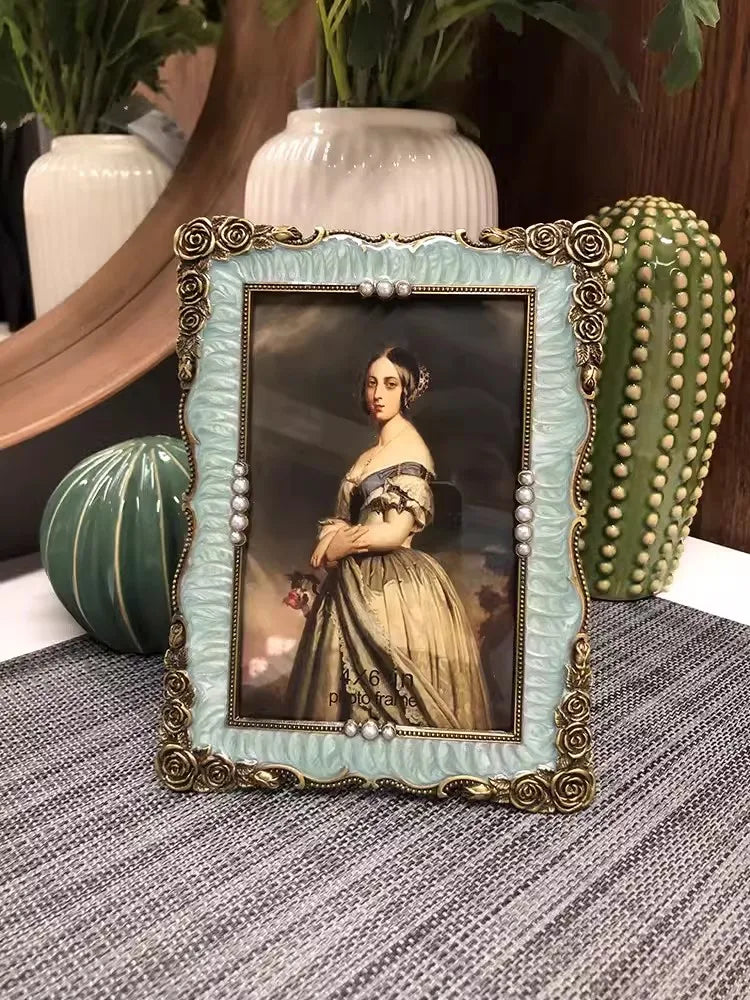 cadre photo vintage bleu clair alliage métal texture simili cuir opale baroque