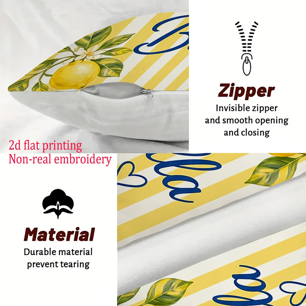 taies d'oreiller décoratives moderne jaune vert blanc rayures citrons 45x45cm zipper deux pièces