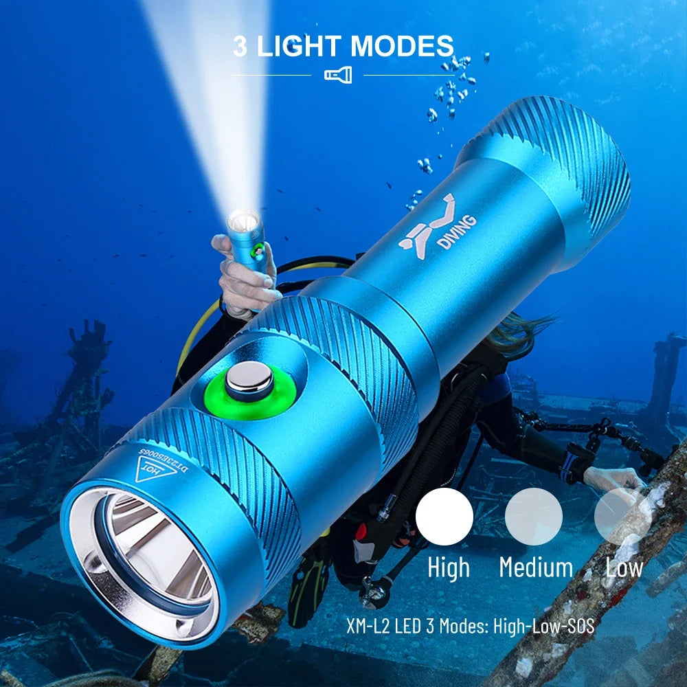 lampe torche sous marine bleu rayures verticales moderne rechargeable annneau sécurité intense luminosité