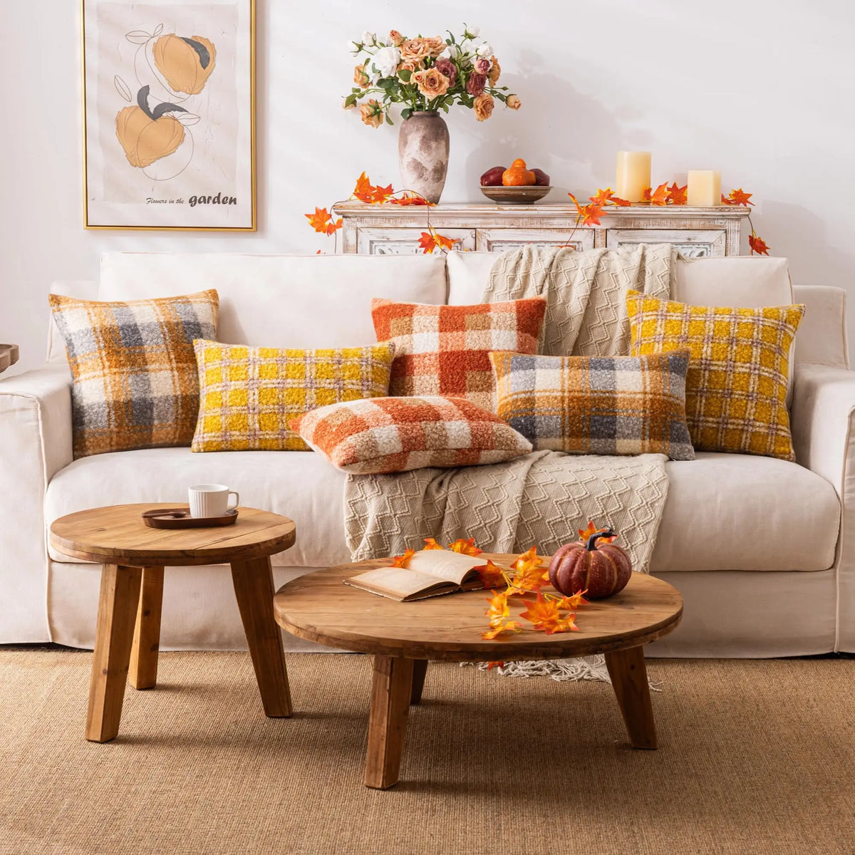housses coussin orange beige carreaux rustiques plaids décoratifs polyester respectueux environnement farmhouse