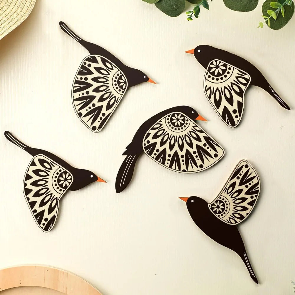 décorations murales oiseaux bois motifs géométriques beige noir orange modernes eyelets