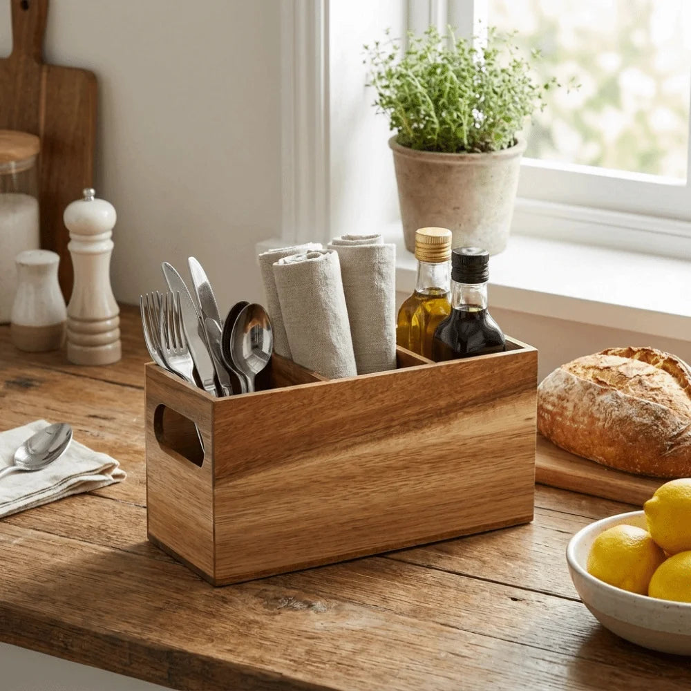 rangement ustensiles cuisine boîte bois modernes rustique fourchettes cuillères couteaux spatules louches