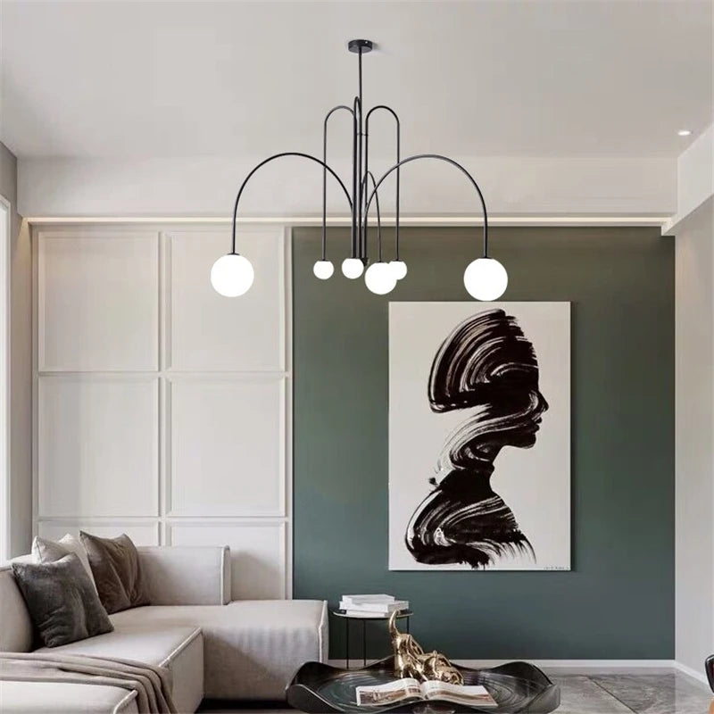 lustre moderne rouge noir doré sphères blanches opaques suspension salon chambre
