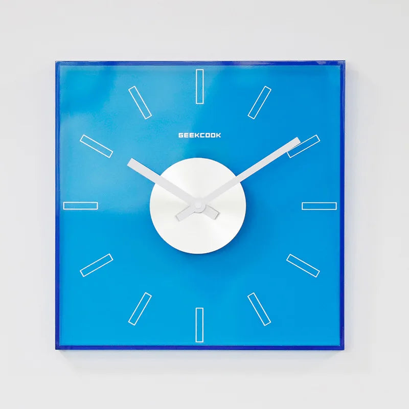 horloge murale moderne acrylique bleu orange rouge rectangles blancs minimaliste