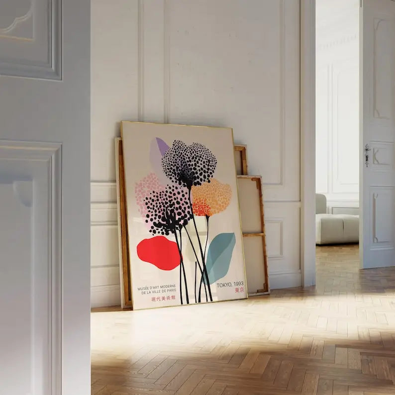 affiche moderne toile fleurs stylisées taches noires multicolore rouge noir blanc rose jaune bleu