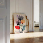 affiche moderne toile fleurs stylisées taches noires multicolore rouge noir blanc rose jaune bleu