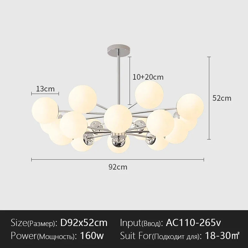 lustre suspension moderne chrome boules verre translucide luminaire salon salle manger blanc