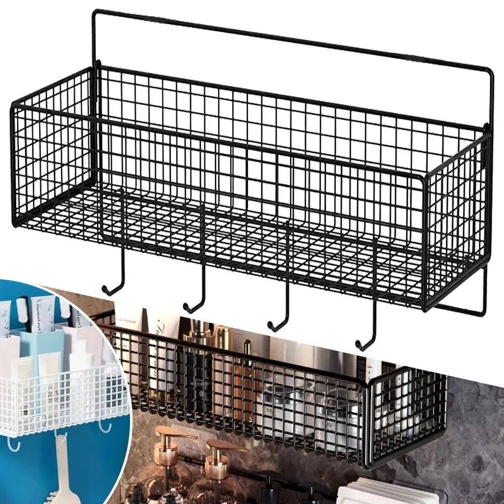 panier suspendu moderne noir blanc maille métallique clips magnétiques accessoires cuisine produits toilette salle