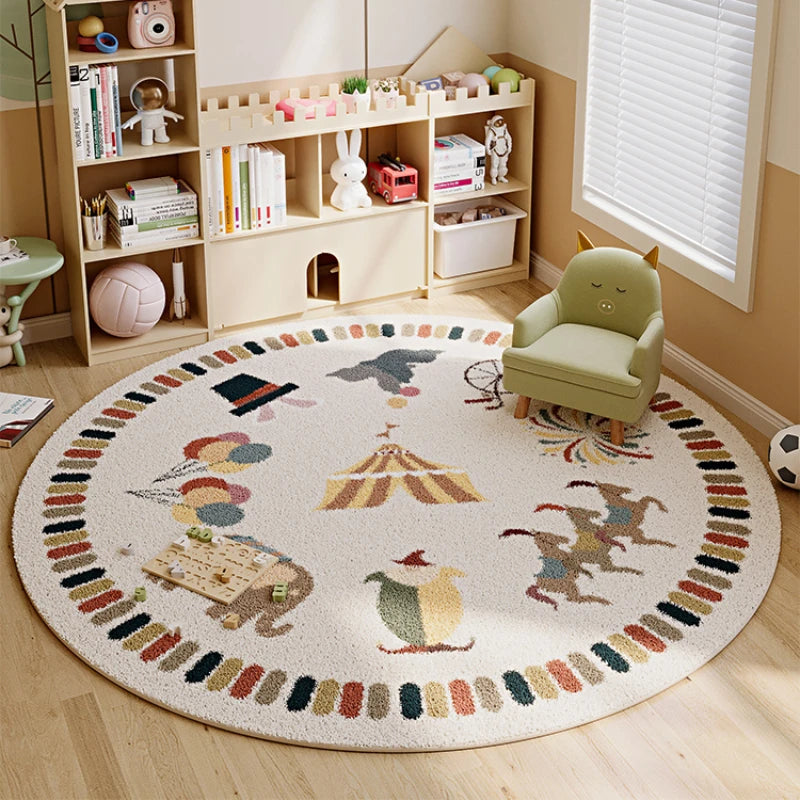 tapis rond polyester dessin animé cirque chevaux système solaire moderne enfant couleur beige rouge