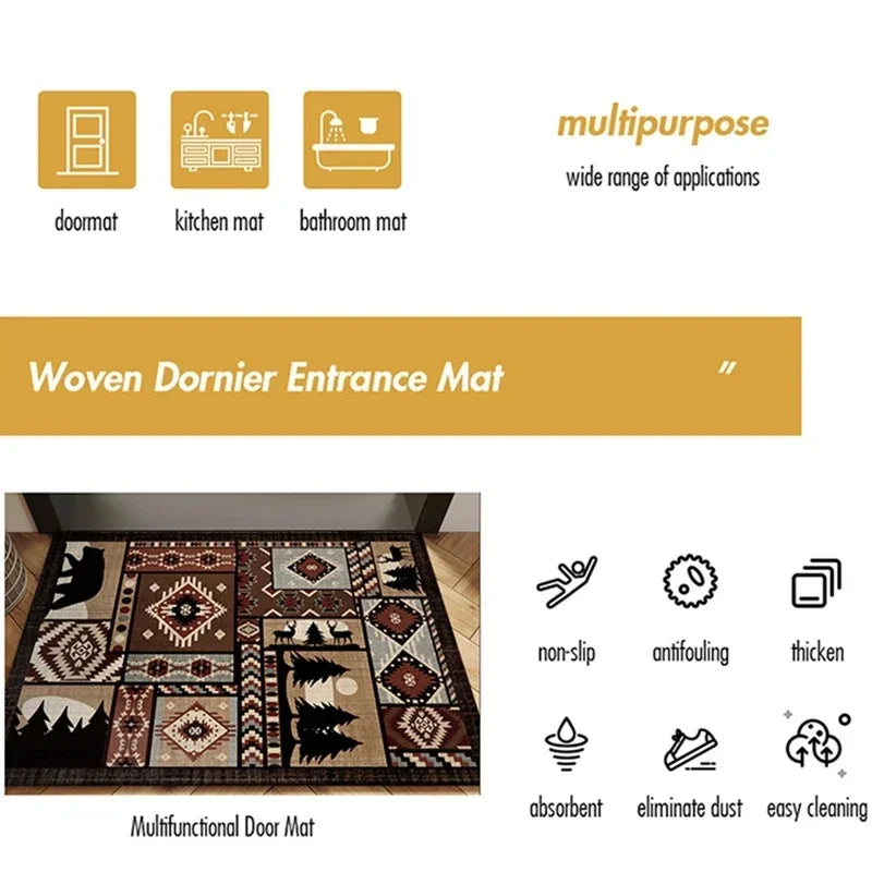 tapis d'entrée ethnique patchwork motifs géométriques animaux rustique marron beige noir bleu gris