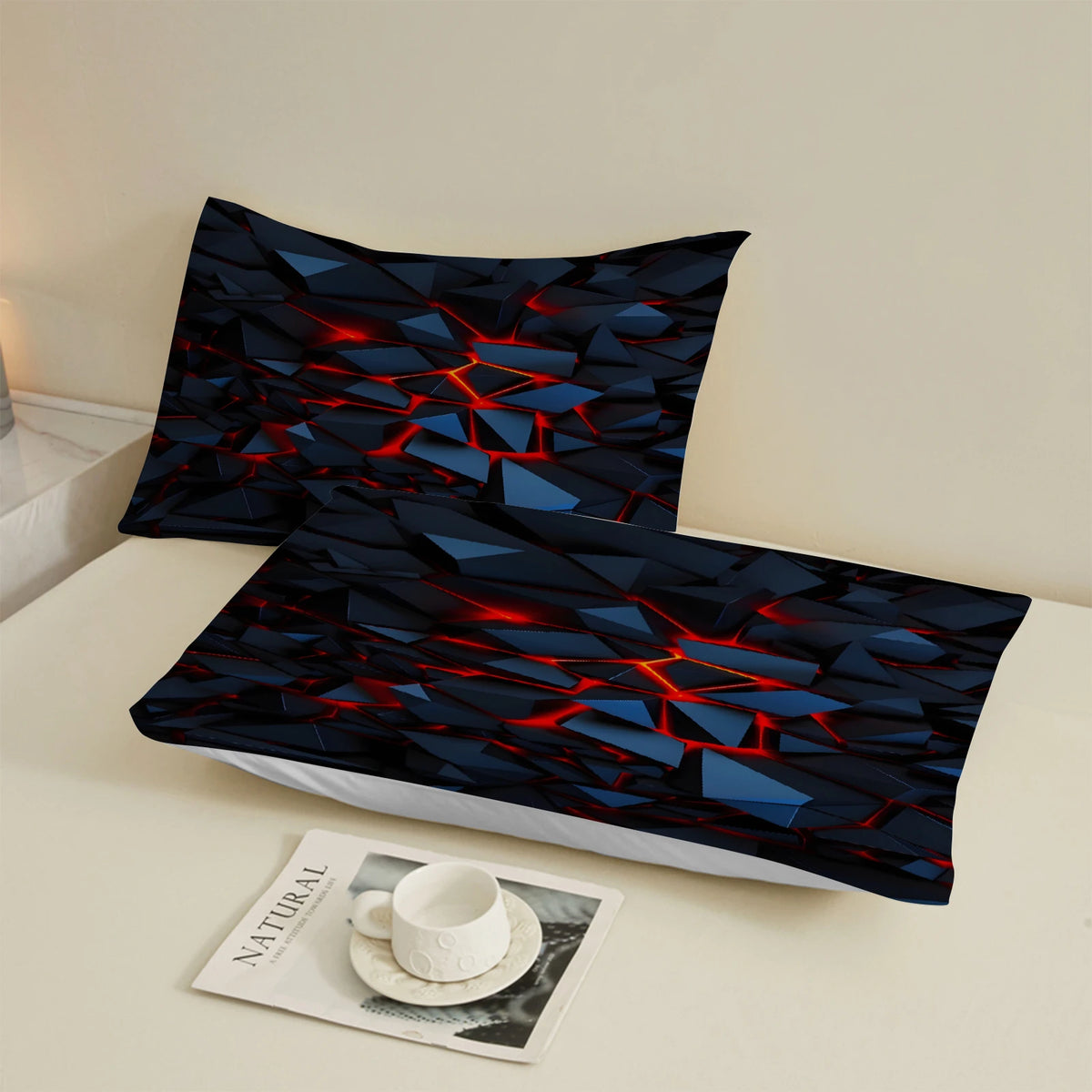 draps lit géométriques noir rouge moderne triangles effets lave coton polyester triangles
