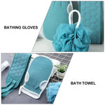 brosse bain moderne gant serviette bleu texture hexagonale set bain trois pièces