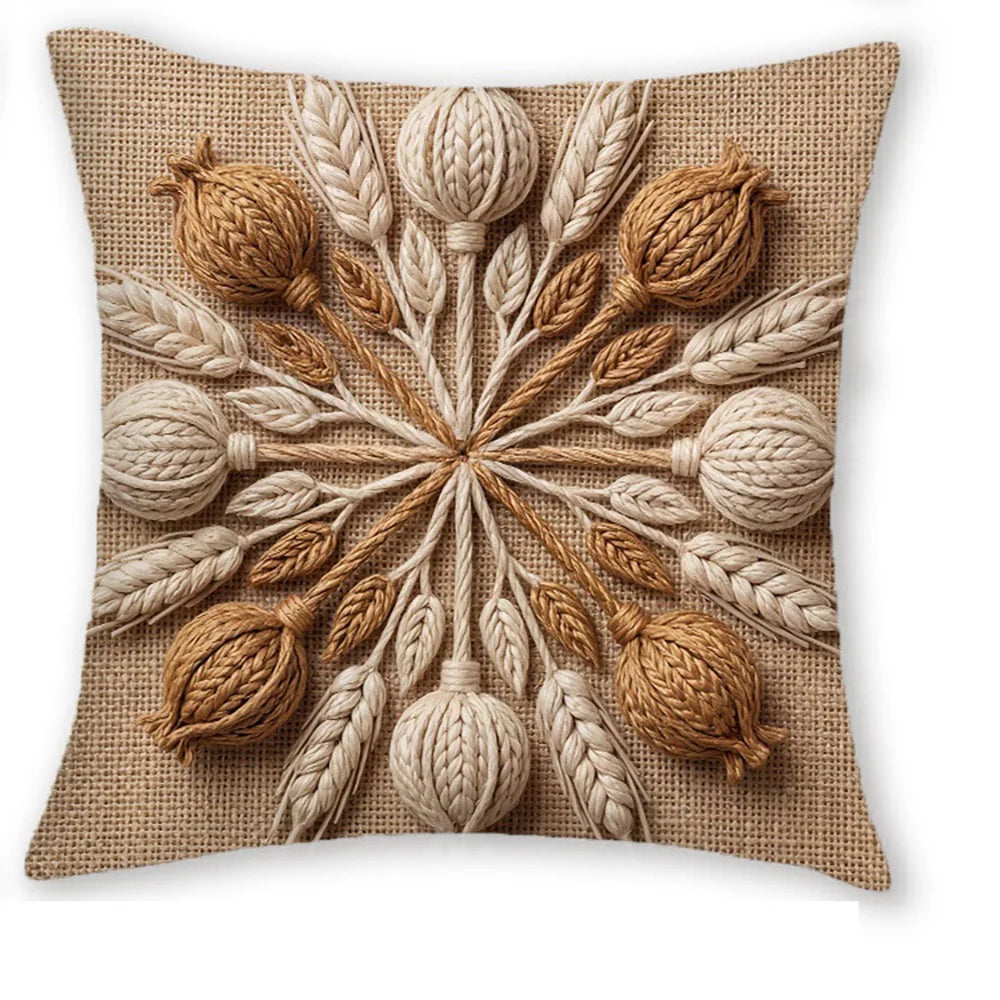 housse coussin brodée épis blé nœud celtique boho farmhouse beige rustique machine