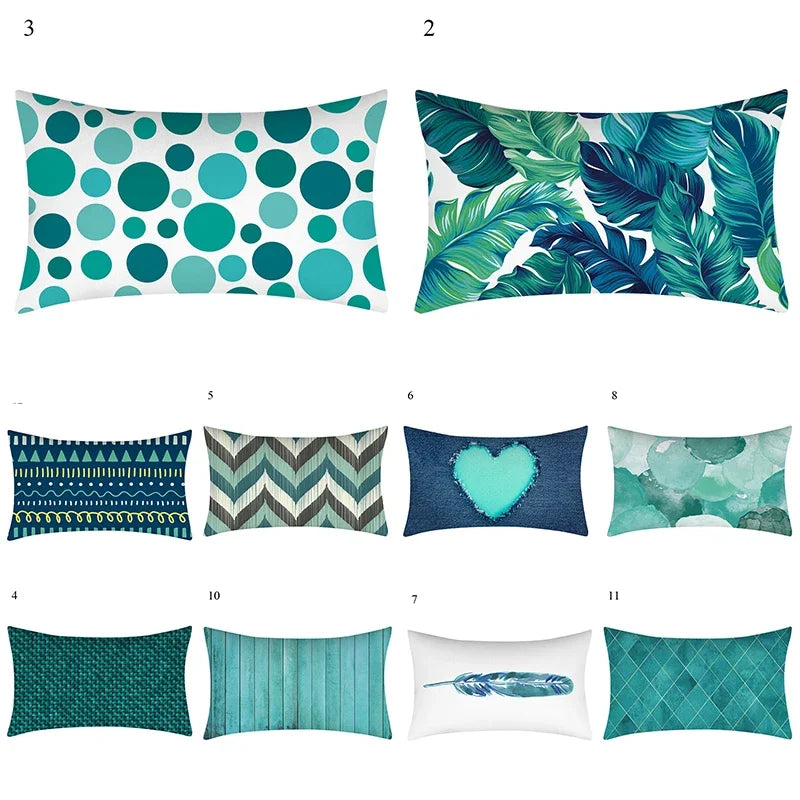 coussin rectangulaire vert feuilles tropicales motifs géométriques moderne oreillettes polyester 30x50cm