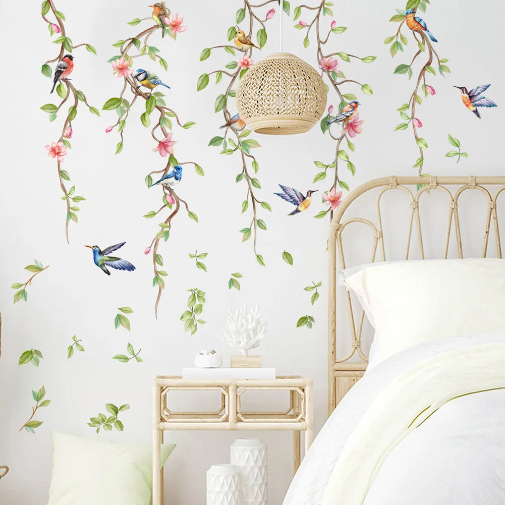 sticker mural branches fleurs oiseaux decoration chambre salon autoadhésif pvc 30x60cm 2pcs art floral