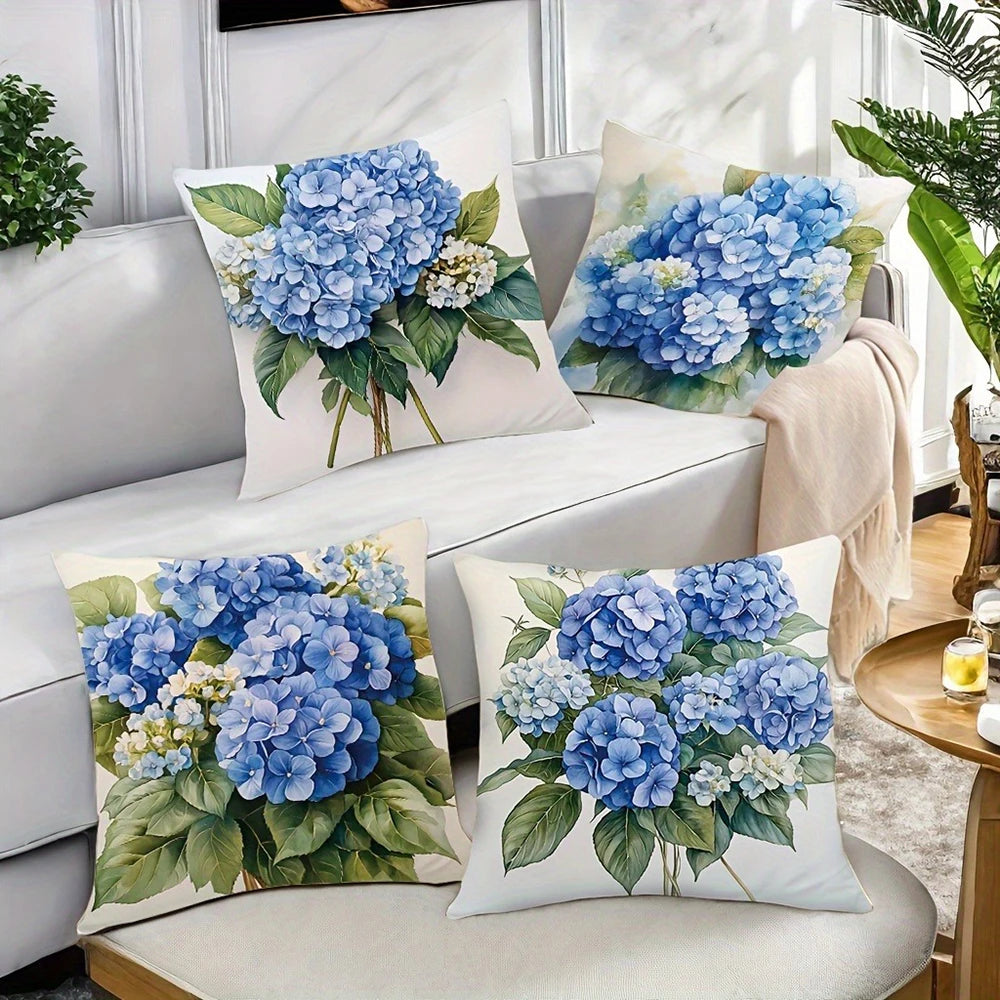 housse coussin fleurs hydrangeas bleu blanc vert classique 45x45cm zipper cache