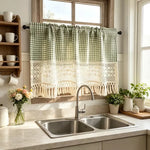 rideau vintage carreaux verts polyester opacité cuisine vertclair beigesimple rustic