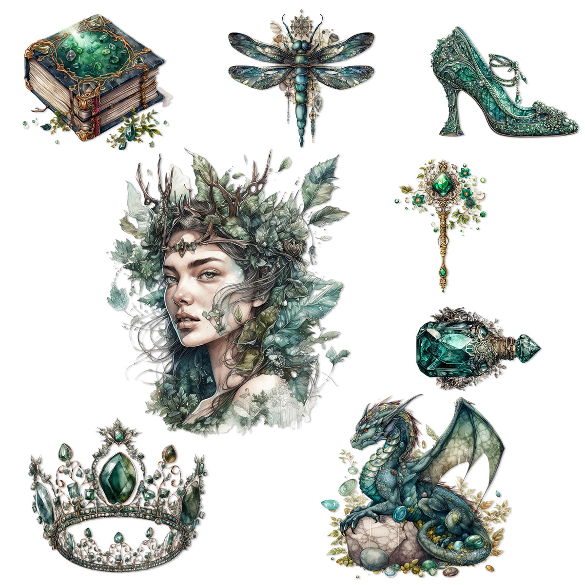 autocollants adhésifs naturels fantastiques feuilles papillon livre dragon blanc vert noirs artisanat scrapbooking