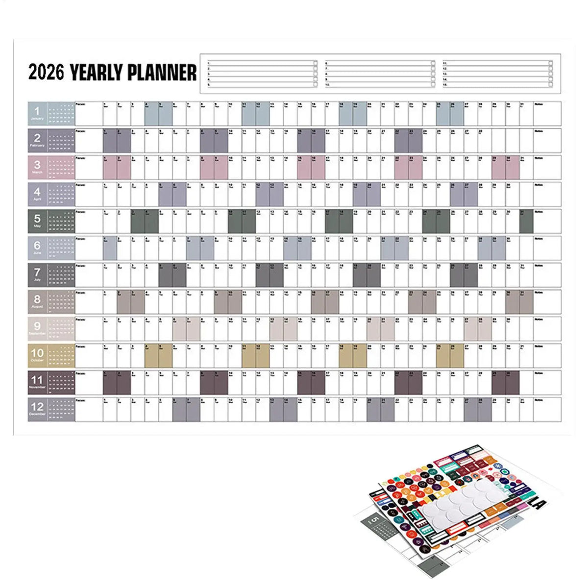 calendrier mural annuel 2026 stickers colorés minimaliste adhésif organisation maison dates mensuelles icônes